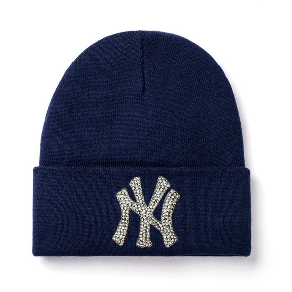 HunterFlyGirL Accessories - NEW Navy “NY” Satin lined Beanie with (Silver)  Rhinestone Logo